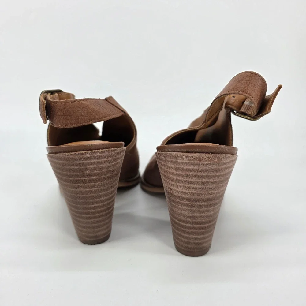 Lucky Brand Aroyli Slingback Brown‎ Leather Shootie Boots Wood Stacked Heels 8.5